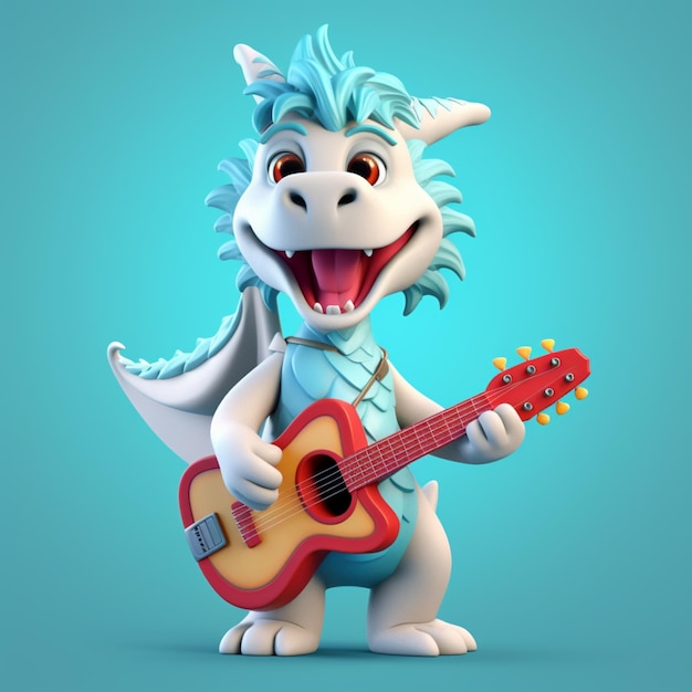 dragon de dessin animé avec guitare et foulard sur fond bleu