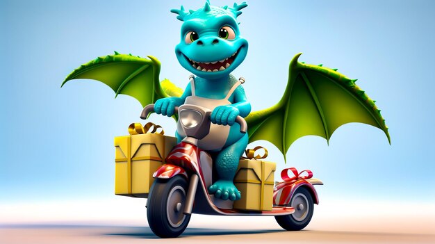 Dragon de dessin animé à moto avec une boîte à l'arrière AI générative