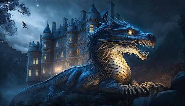 Un dragon devant un château