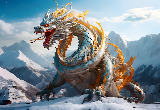 dragon doré avec une bouche rouge à la montagne de neige bête mythique d'europe fond 4K