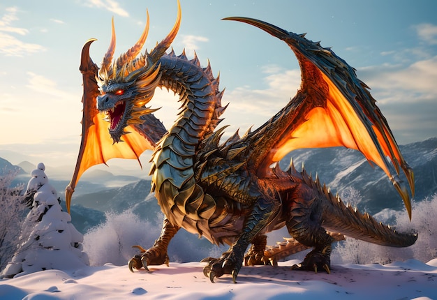 dragon doré avec une bouche rouge à la montagne de neige bête mythique d'europe fond 4K