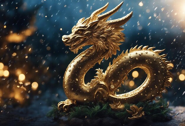 Photo un dragon doré devant le temple bonne année 2024