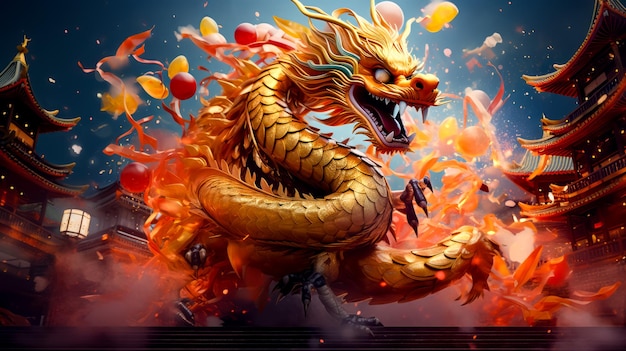 Le dragon doré est entouré de ballons et de boucles de boucles rouges et jaunes.