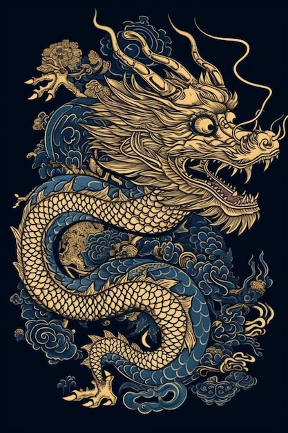 Un dragon doré sur fond bleu et les mots dragon dessus.