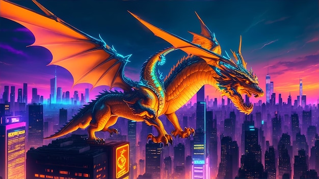 Dragon doré majestueux planant à travers l'horizon éclairé au néon de l'IA générative inspirée du cyberpunk