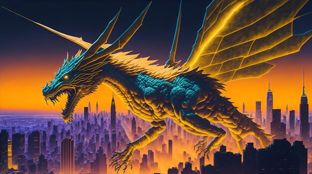 Dragon doré majestueux planant à travers l'horizon éclairé au néon de l'IA générative inspirée du cyberpunk