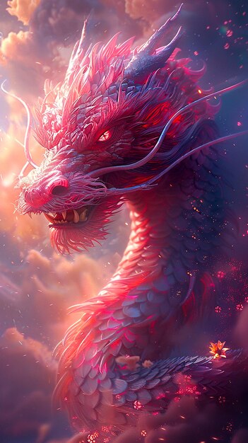 un dragon avec un dragon rouge sur son visage