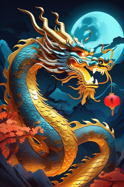 un dragon avec un dragon rouge sur la tête est entouré d'une pagode dorée
