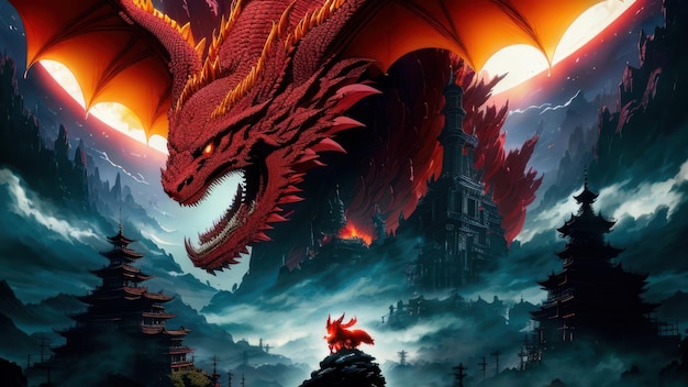 Un dragon avec un dragon rouge sur la tête