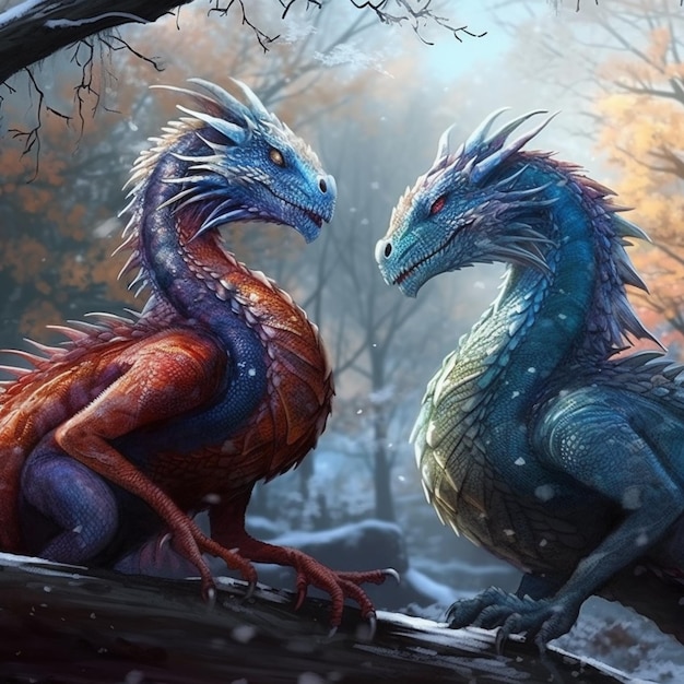 Un dragon et un dragon se regardent.