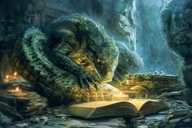 Dragon énigmatique gardant un trésor ancien dans une grotte mystique avec un manuscrit illuminé