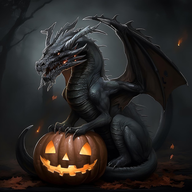 Un dragon est assis à côté d'une citrouille avec le mot halloween dessus.