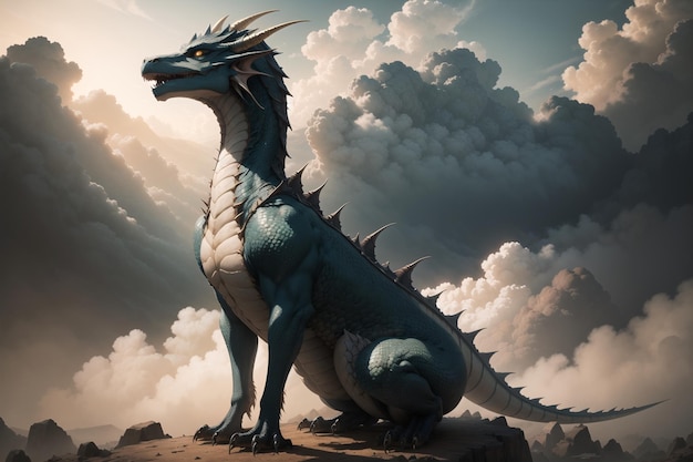 Un dragon est assis sur une falaise dans les nuages.