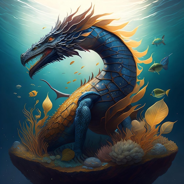 Un dragon est assis sur un rocher avec un poisson dessus.