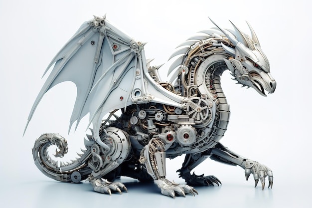 Un dragon est fabriqué à partir de machines électroniques sur fond blanc Illustration de créatures mythiques IA générative