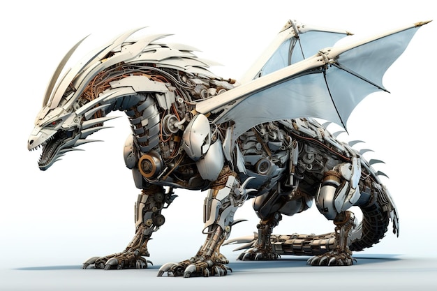 Un dragon est fait de machines électroniques sur un fond blanc illustration de créatures mythiques IA générative