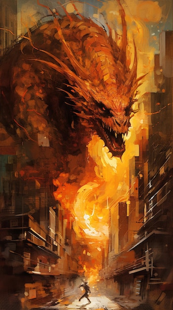 Un dragon est en feu dans une grande ville