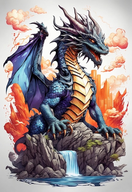 Dragon fantastique avec une cascade sur le fond Illustration vectorielle