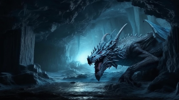 Dragon fantastique dans une grotte avec une ai génératrice de lumière bleue