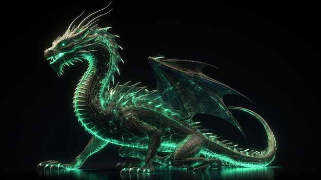 Dragon fantastique isolé sur fond noir avec lightsgenerative ai