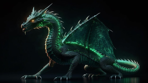 Dragon fantastique isolé sur fond noir avec lightsgenerative ai