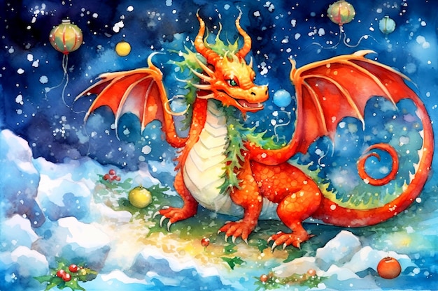 Un dragon de fée rouge sur un fond d'hiver bleu avec