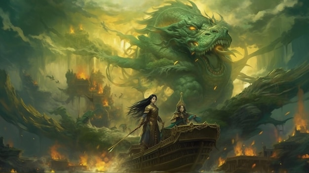 Un dragon et une femme sur un bateau