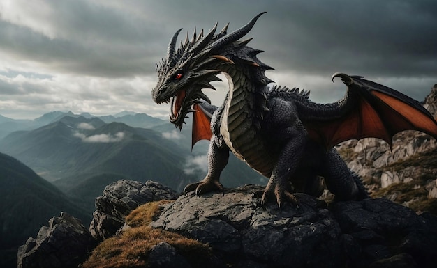 Un dragon féroce sur une montagne rocheuse avec le ciel en arrière-plan