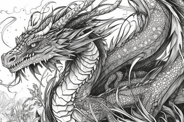 Dragon féroce en noir et blanc IA générative