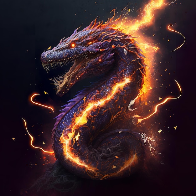 Un dragon avec un feu sur la tête est entouré de flammes