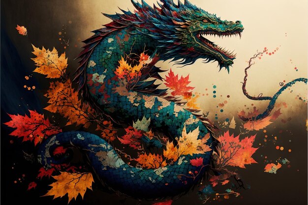 Photo un dragon avec des feuilles d'automne dessus