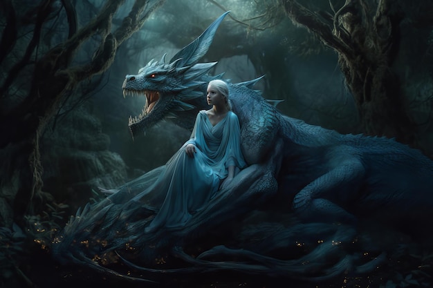 Un dragon et une fille assise sur un arbre