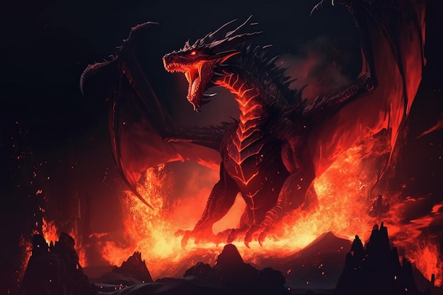 Un dragon en flammes avec le mot feu dessus