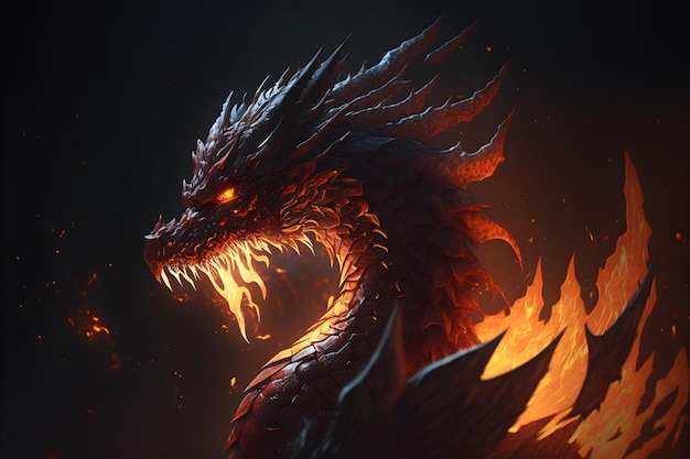 Un dragon avec des flammes sur son visage