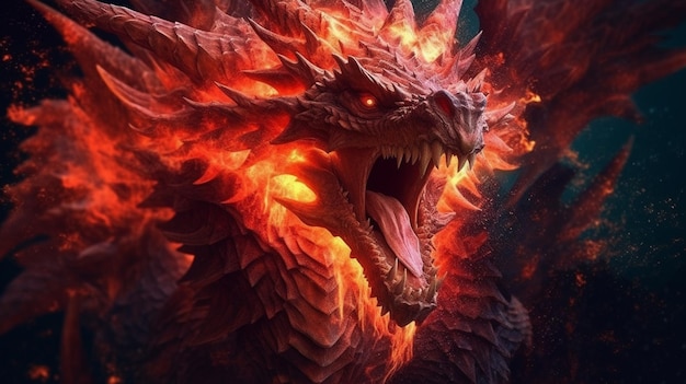 Un dragon avec des flammes sur son visage