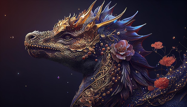 Un dragon avec une fleur sur la tête