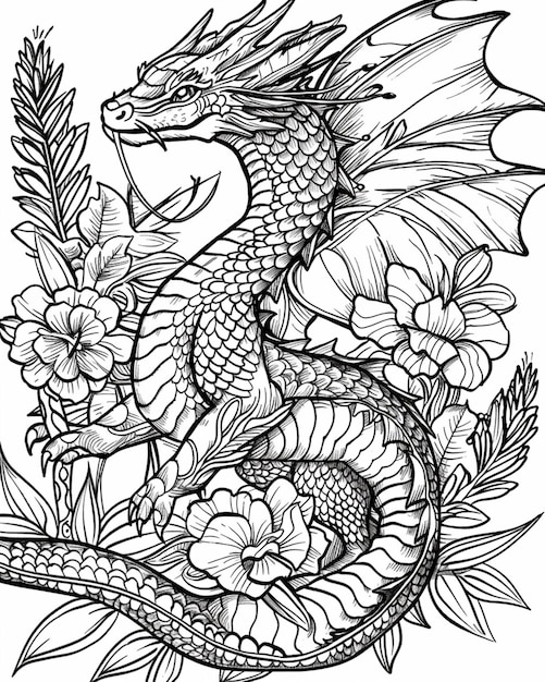 un dragon avec des fleurs et des feuilles sur son dos