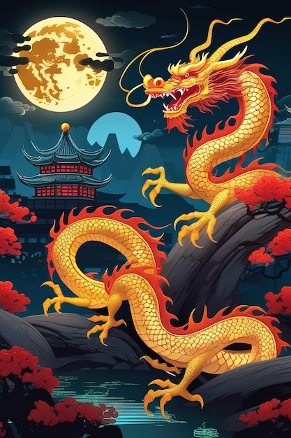 Photo dragon sur fond de pleine lune et de dragon rouge.