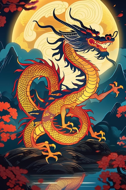 un dragon avec un fond de pleine lune