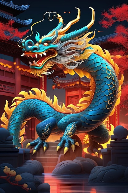un dragon avec un fond rouge et un dragon doré en arrière-plan.