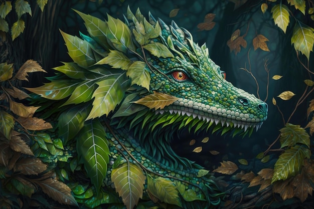 Dragon de forêt magique avec des écailles vert vif dans un fourré de feuilles créées avec une IA générative