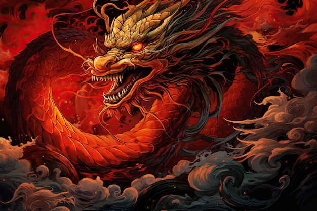 un dragon géant et rouge avec un fond astral sombre et un corps d'or et de feu flux d'énergie texture complexe dragon chinois