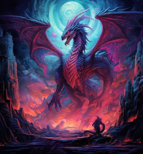 dragon avec un homme assis sur un rocher devant une pleine lune générative ai