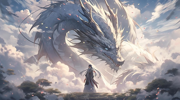 Photo un dragon et un homme dans un ciel nuageux