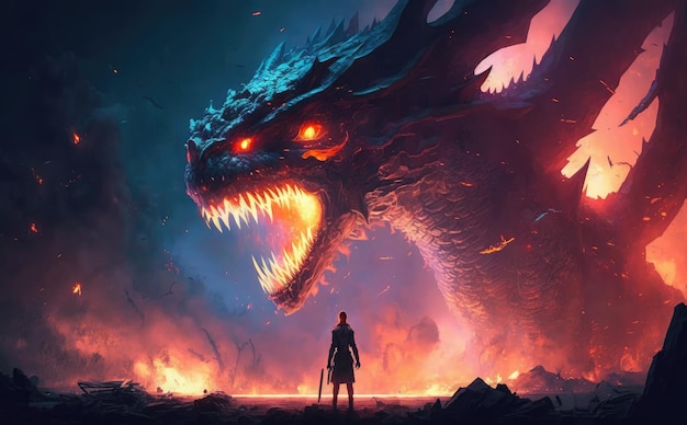 Un dragon et un homme regardent un dragon géant.