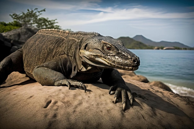 Dragon de Komodo menaçant qui se cache sur l'île indonésienne