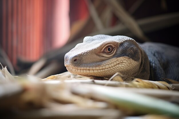 Dragon de Komodo se reposant à l'ombre des feuilles de palmier