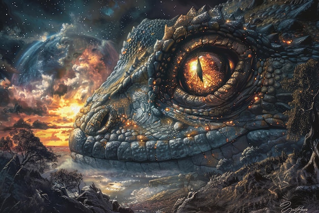 Le dragon majestueux en gros plan dans un paysage enchanté avec un œil brillant et une œuvre d'art fantastique du ciel au coucher du soleil