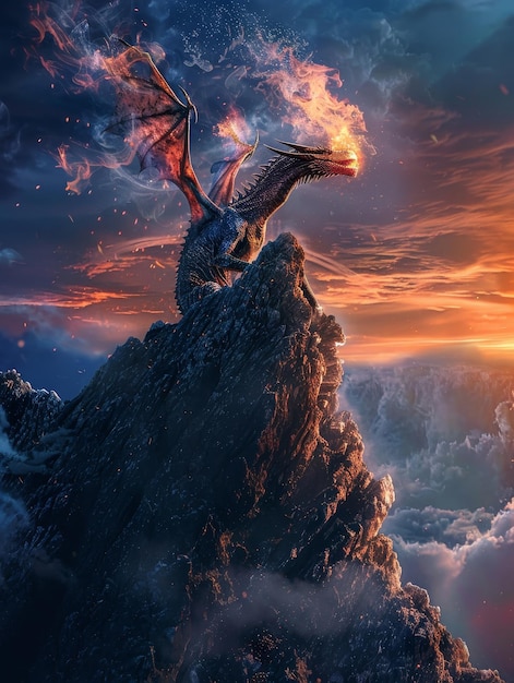 Photo un dragon majestueux se confond avec une éruption volcanique sur un ciel spectaculaire.