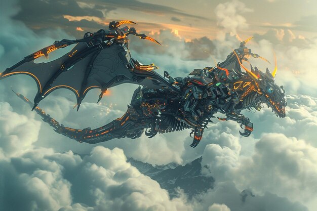 Un dragon mécanique s'élève dans les nuages avec